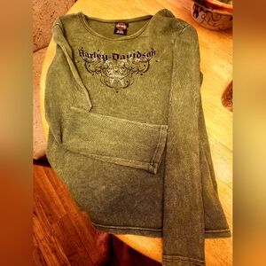 HARLEY DAVIDSON LONG SLEEVE SHIRT WOMENS LG OLIVE GREEN PREOWNED PRESHRUNK